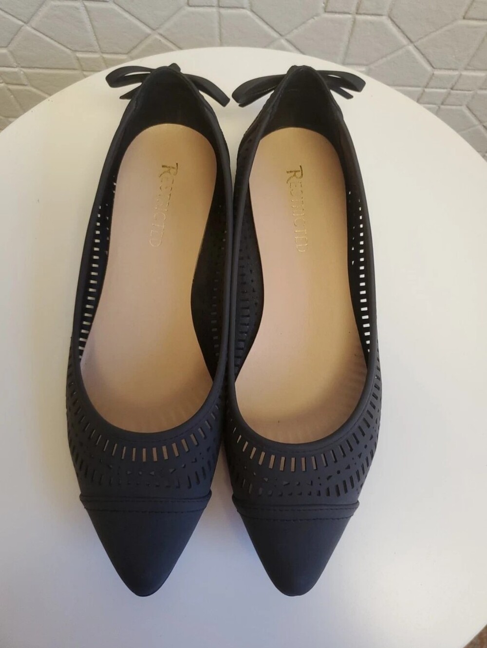 Restricted Black Pointed Toe Laser-Cut Ballet Flats